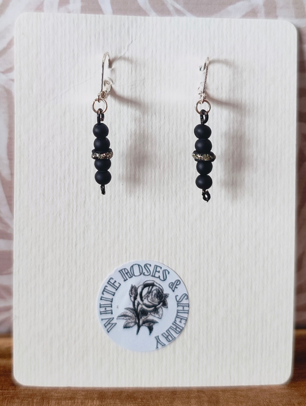 OOAK White Roses & Sherry Matte Black & Crystal Rondelle Dangle Earrings